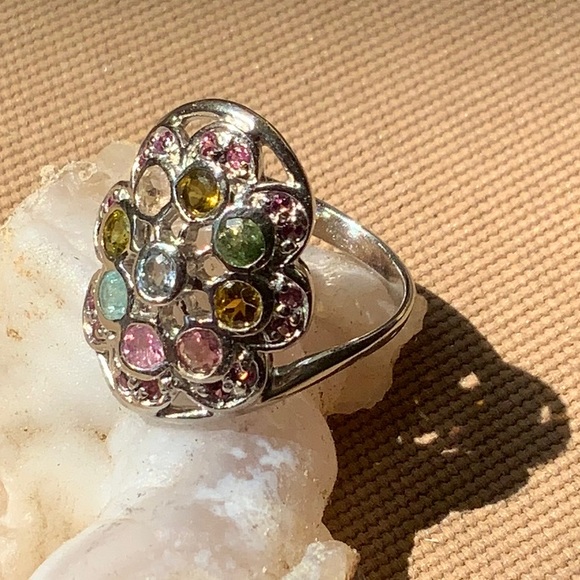 TOURMALINE, AQUAMARINE AND RHODOLITE 925 STERLING SILVER RING, SIZE 7 - Picture 2 of 6